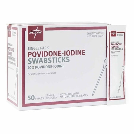 Medline Impregnated Swabstick, 1 per Pack, Povidone-Iodine, Individual Packet, NonSterile, MDS093902, 50PK MDS093901